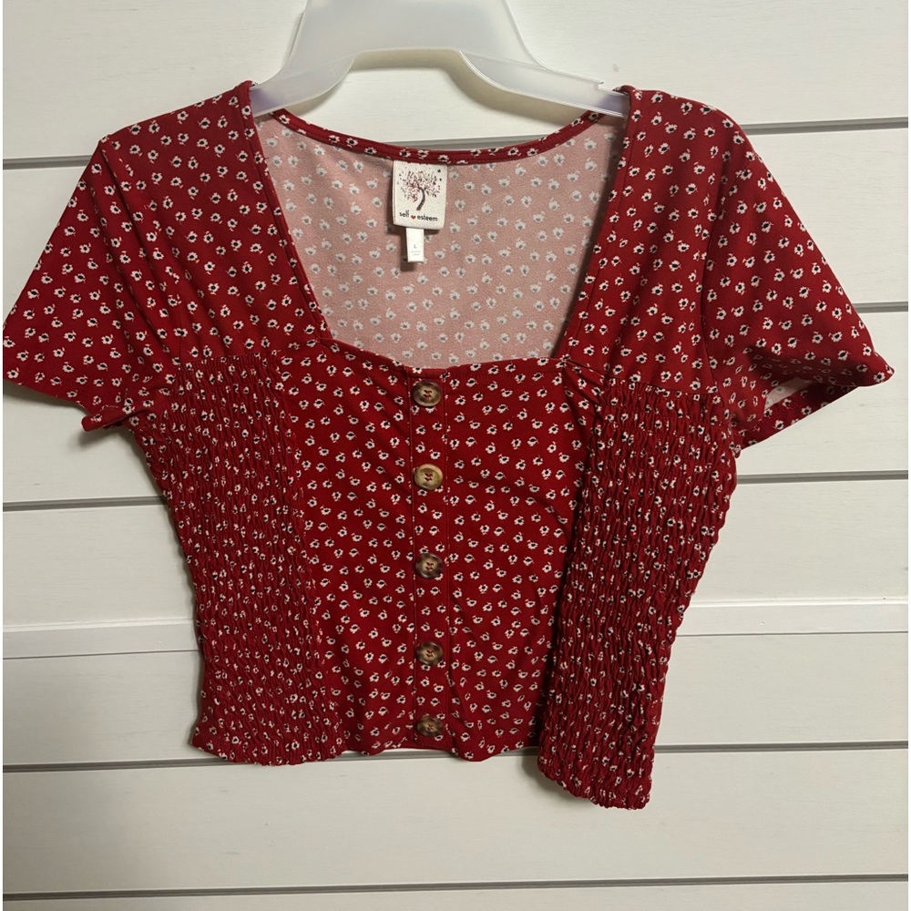 Red Floral Blouse with Brown Buttons